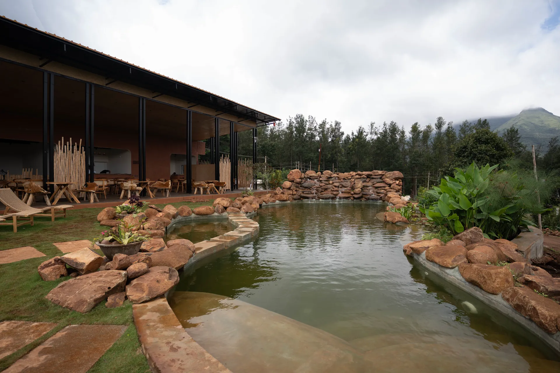 The Bio Pool at Lokah, with the Nava pavilion along one edge